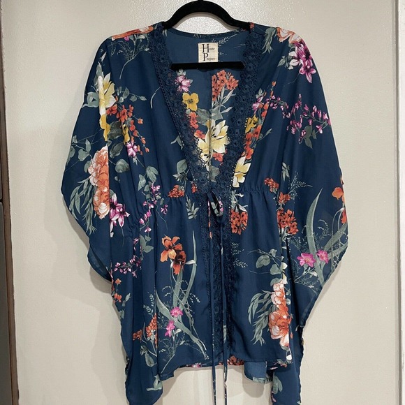 Haute Project Kimono Top 2xl Blue Floral Short Sleeve Cover Swim Tie Front - Picture 1 of 5